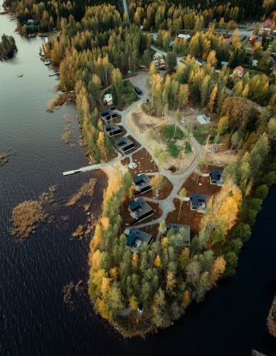 Aerial view of a wooded community of small homes beside water