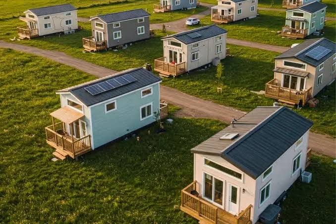 Modern tiny homes with porches arranged around shared green space