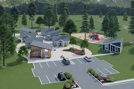 Aerial rendering of the planned tiny-home community with shared green space